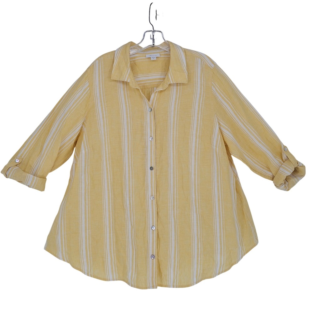 J.Jill Love Linen Button Up Top XL Yellow Striped Roll-Tab Sleeve Coastal Resort